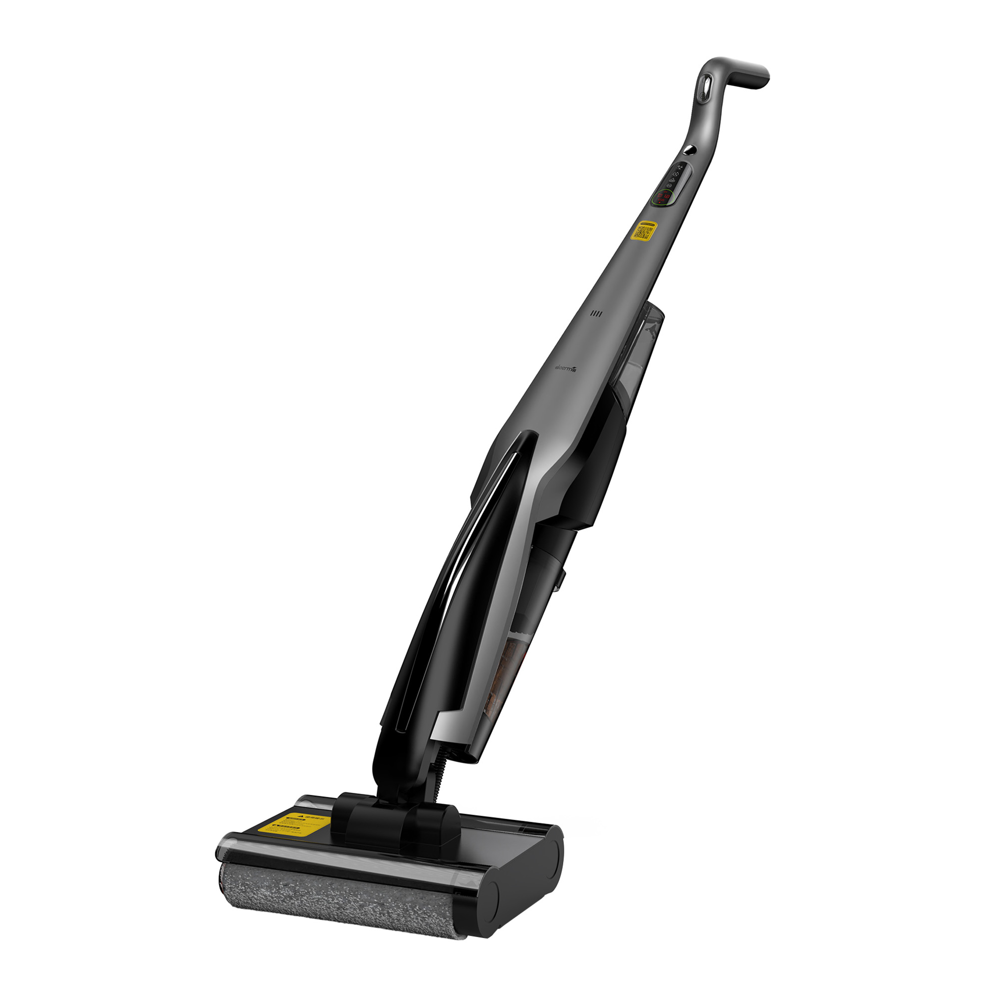 Un aspirapolvere cordless grigio con una spazzola rotante.