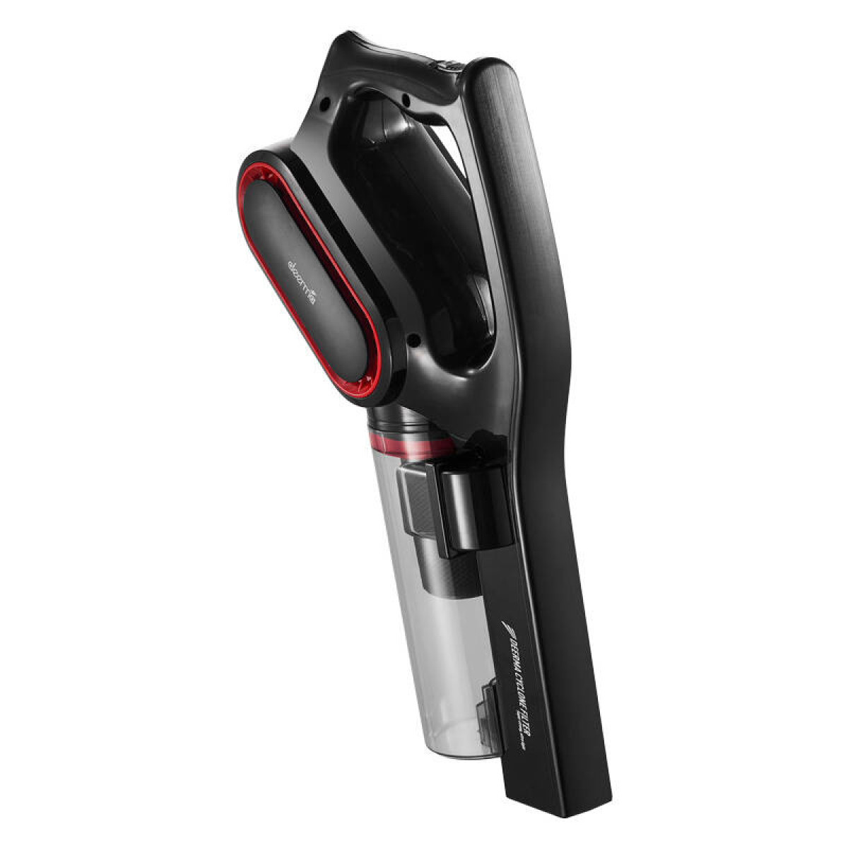 Aspirapolvere nero e rosso portatile con contenitore trasparente e impugnatura ergonomica.