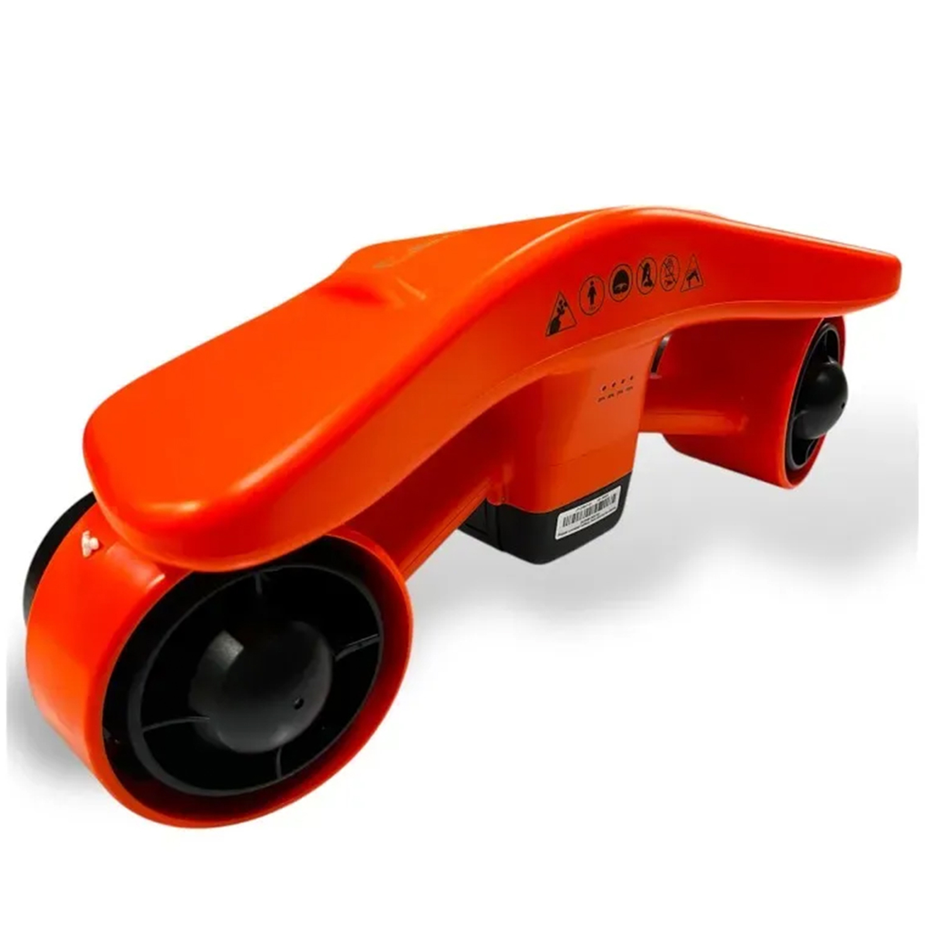 İki pervaneli ve uyarı sembollü turuncu su altı scooter.