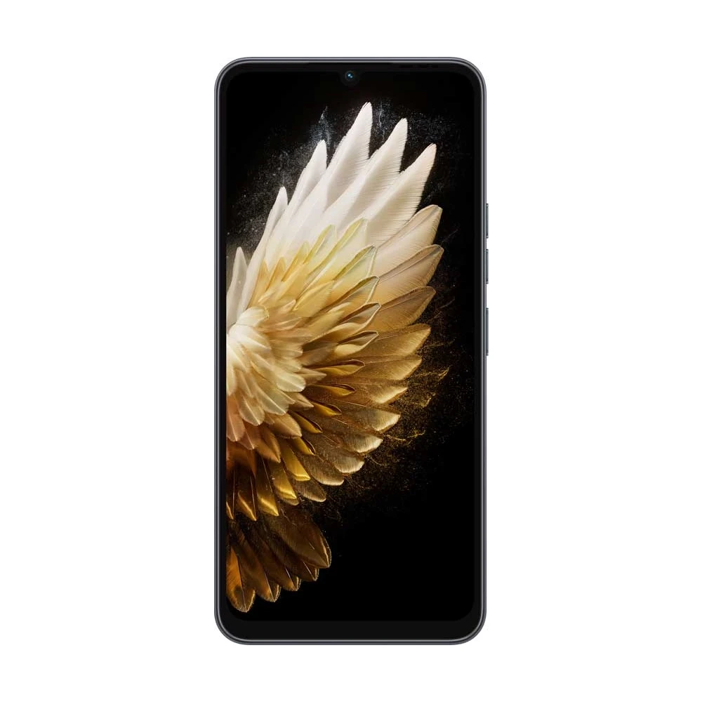 Altın ve beyaz tüy duvar kağıdı gösteren bir akıllı telefon.