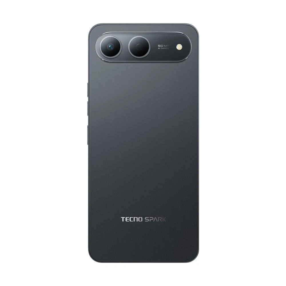 Çift kameralı koyu renkli akıllı telefonun arka yüzü, TECNO SPARK yazılı.