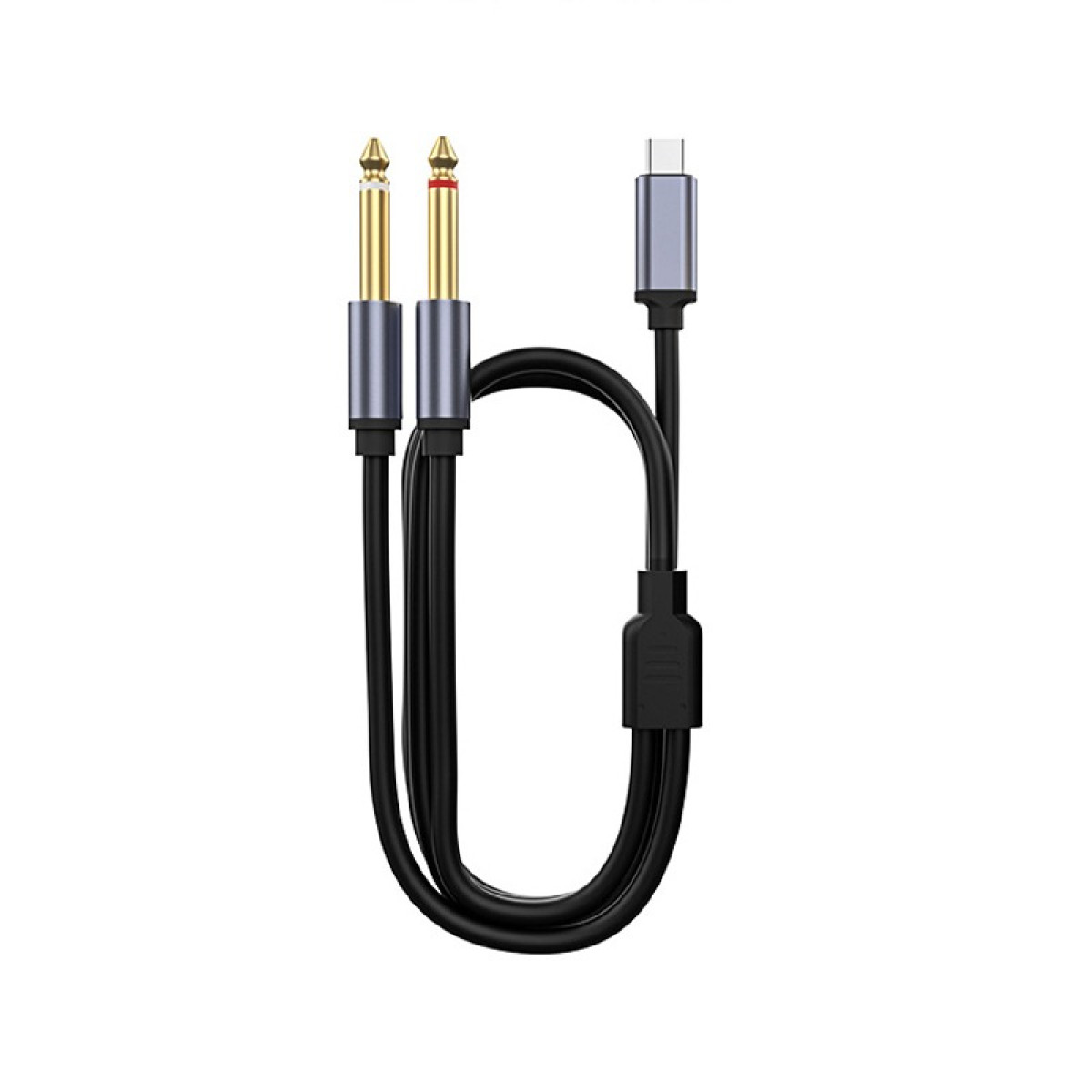 Czarny kabel audio z dwoma złączami 6,3 mm i złączem USB-C.