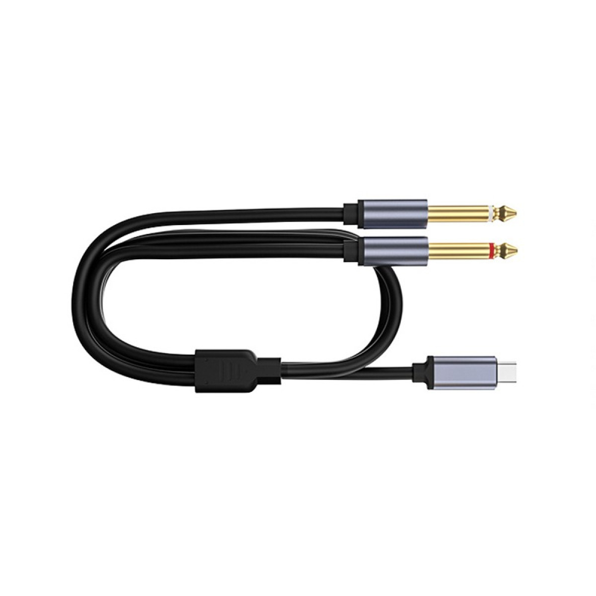 Czarny kabel audio z dwoma złotymi wtykami 6,35 mm i złączem USB-C.
