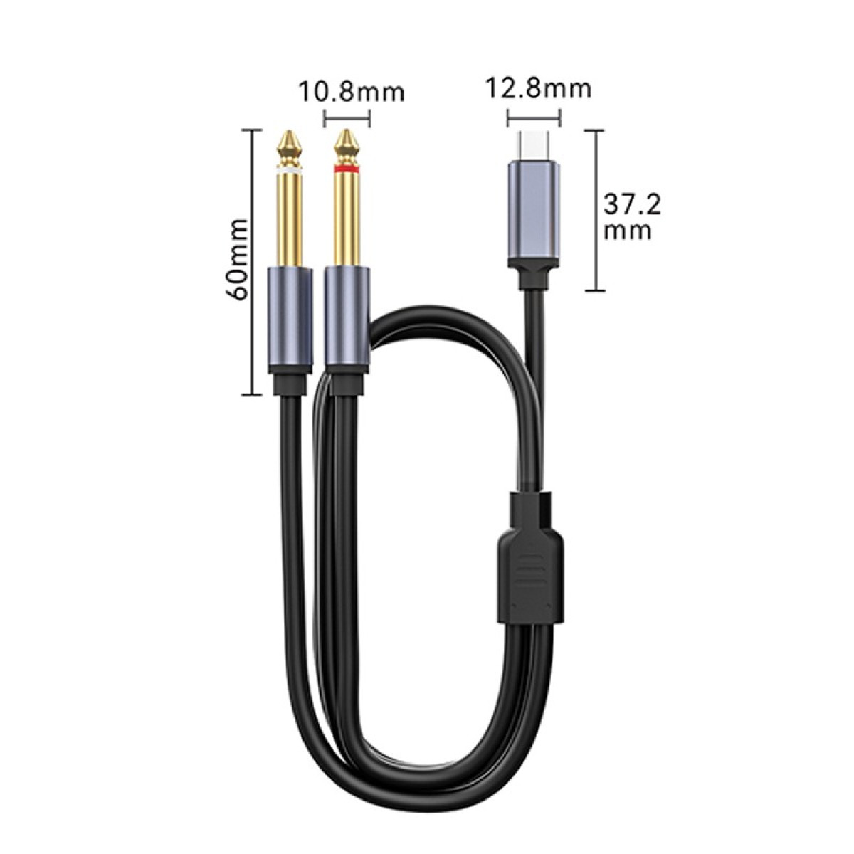 Czarny kabel audio z dwoma wtykami 6,35 mm i złączem USB-C.