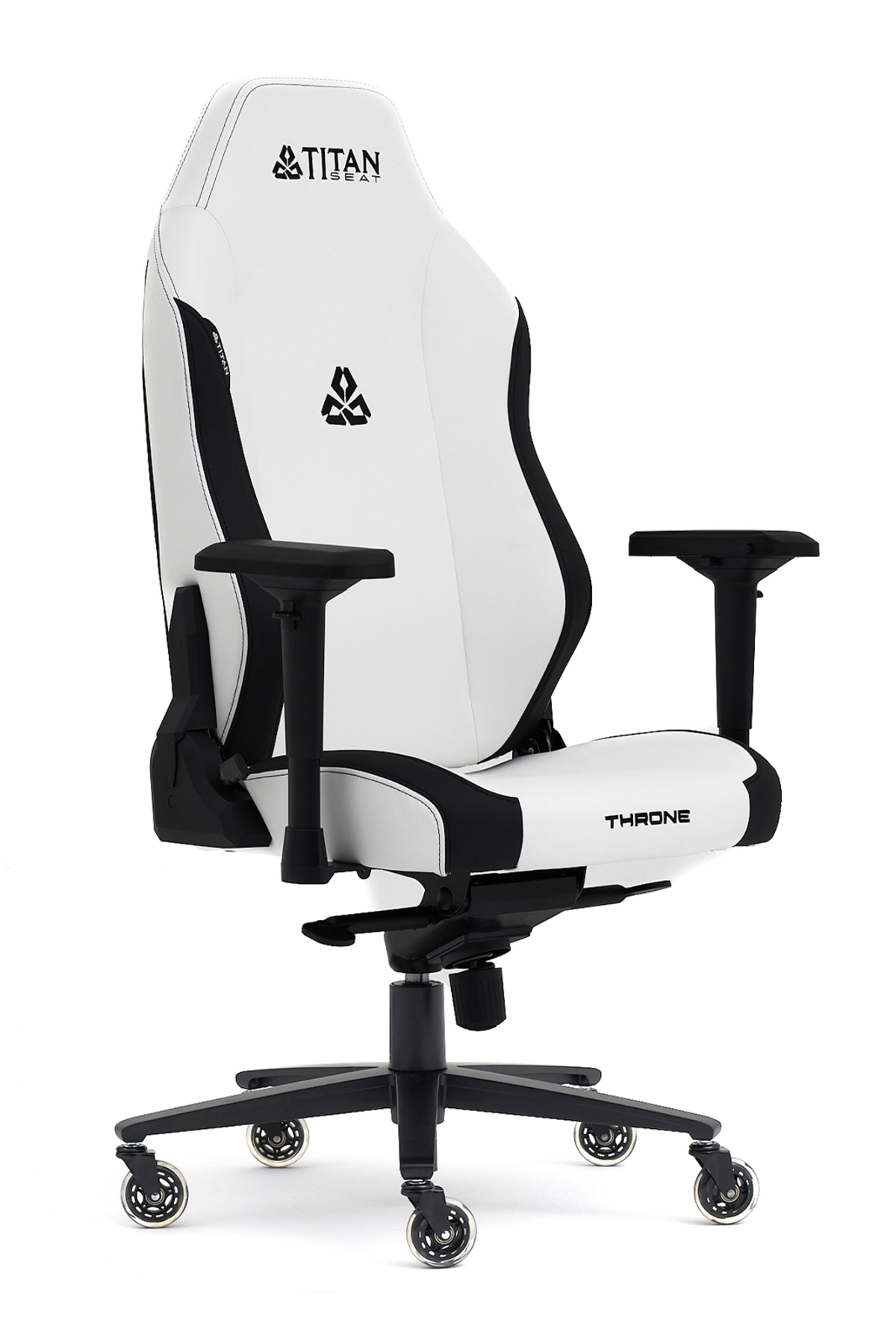 Koltuk dayamalı ve beş tekerlekli tabanlı beyaz ve siyah ergonomik oyun sandalyesi.