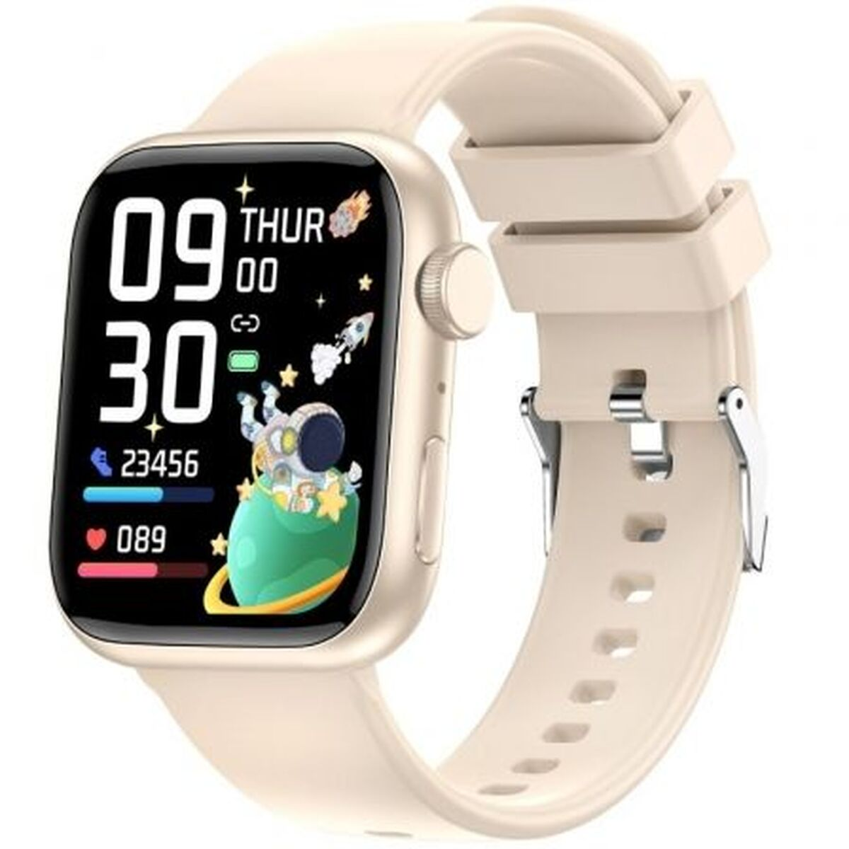 Złoty smartwatch z beżową bransoletą i tarczą kosmiczną.