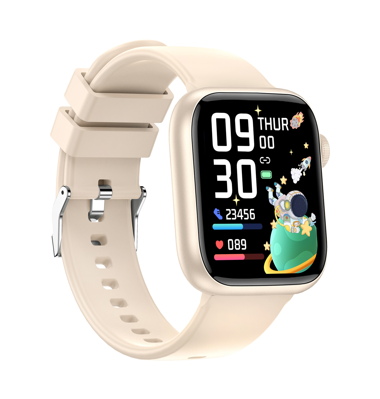 Beżowy smartwatch wyświetla 09:30 z ekranem o tematyce kosmicznej i grafiką astronauty.