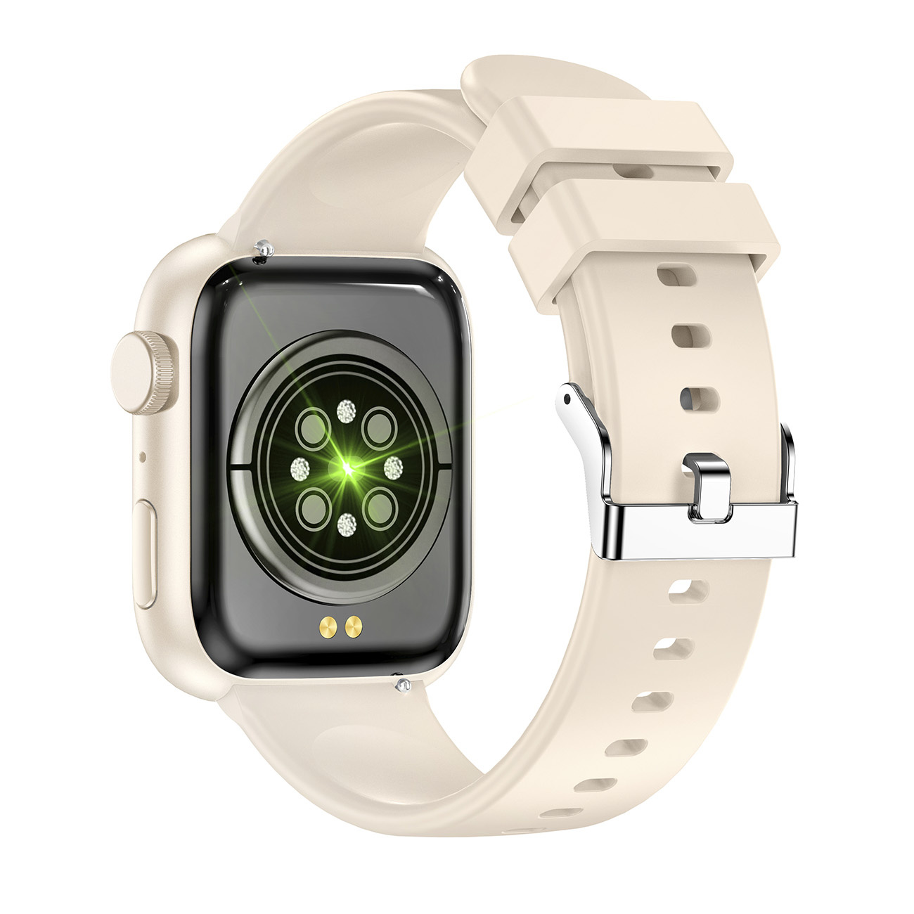 Beżowy smartwatch z czarnym tyłem wypełnionym czujnikami i srebrną klamrą.