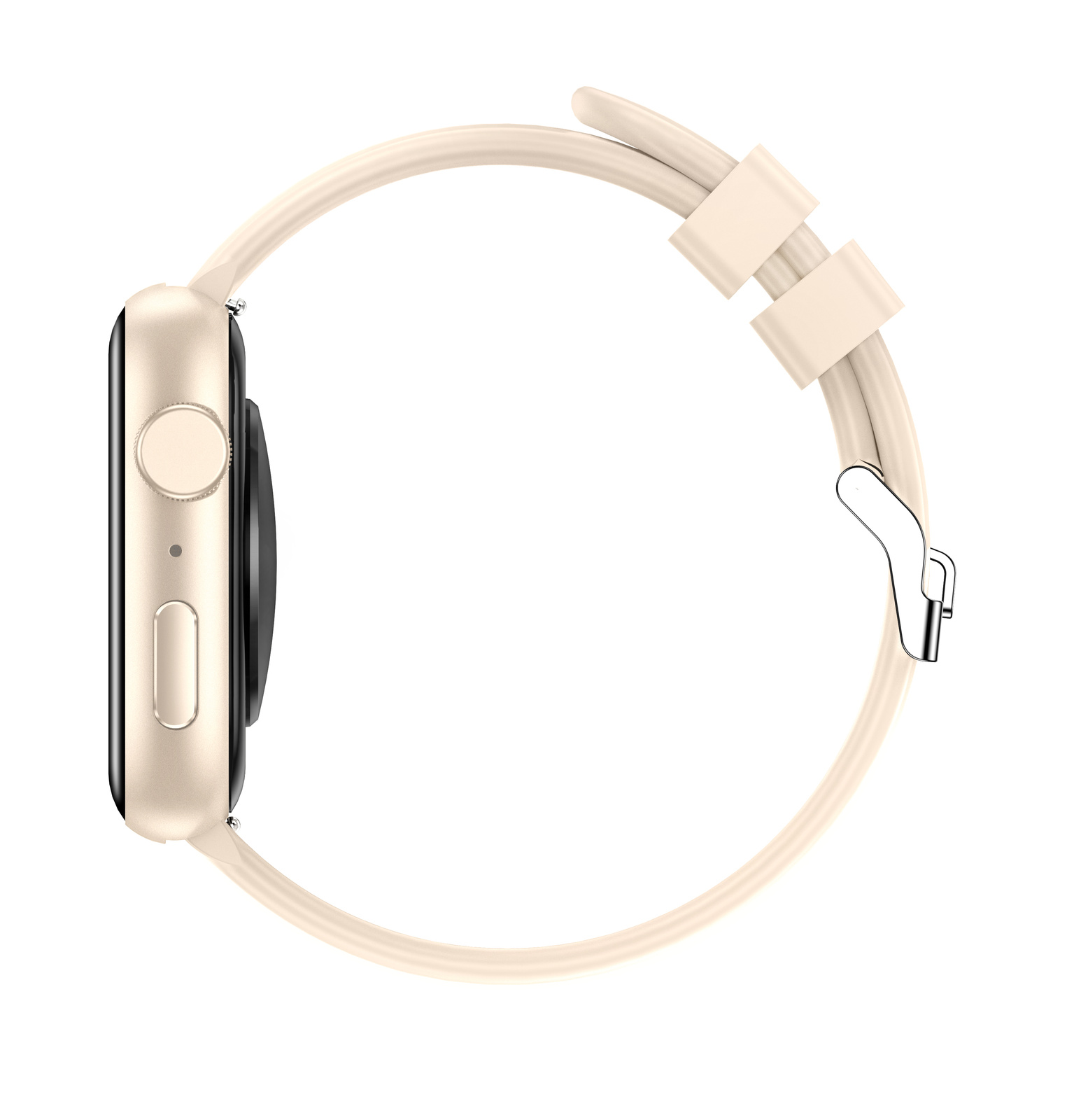 Złoty smartwatch z kremowym paskiem na białym tle. Widok z boku.