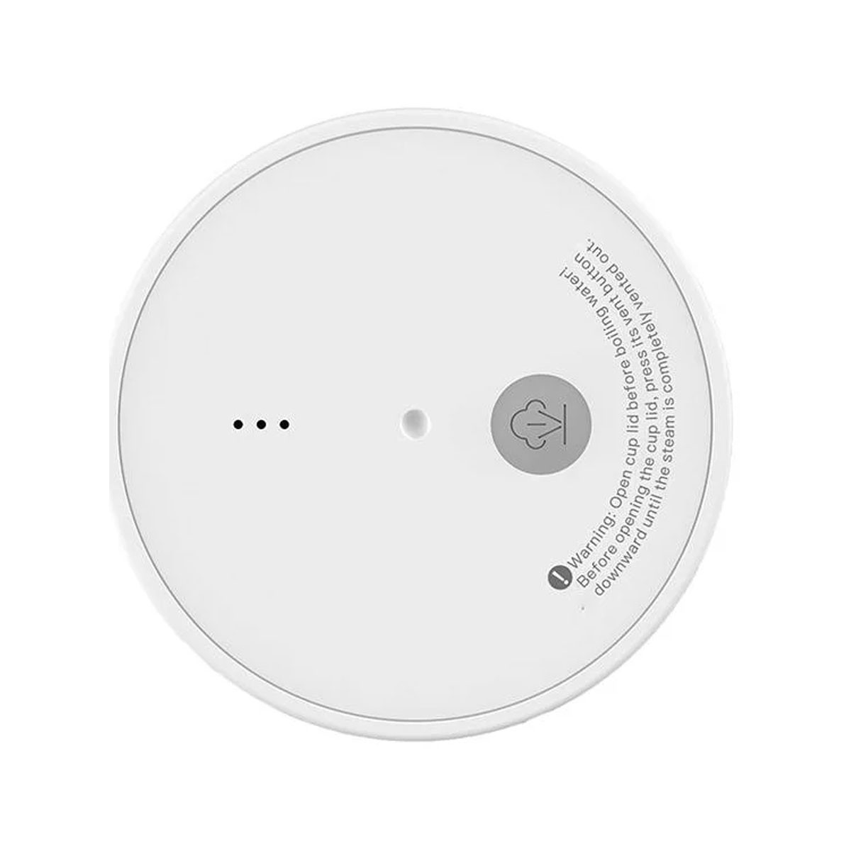 Biała pokrywka kubka z ostrzeżeniem i ikoną pary. Widoczne trzy kropki i kółko.