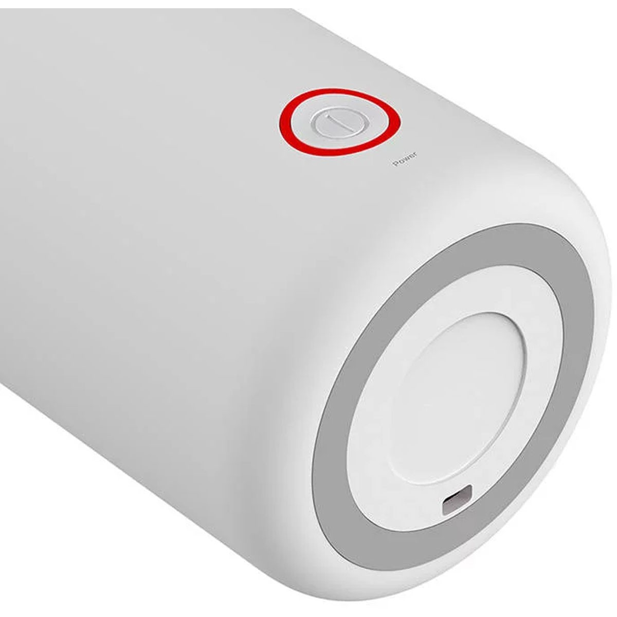 Białe urządzenie z czerwonym okręgiem wokół szarego przycisku z napisem "Power".