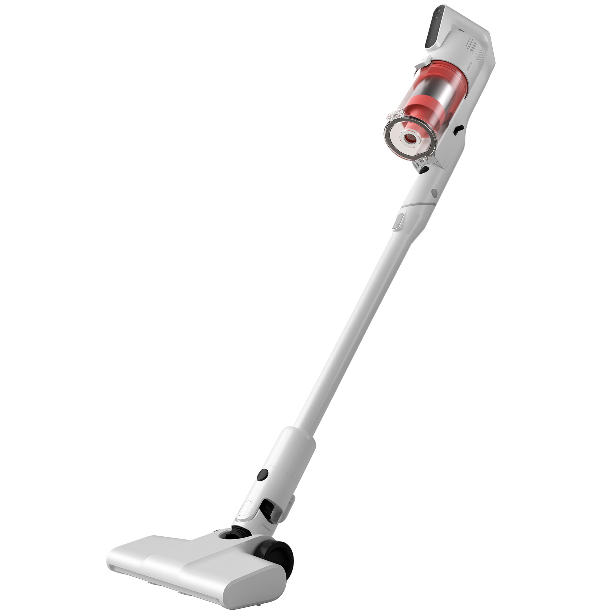 Un aspirapolvere bianco senza fili con contenitore polvere rosso, su sfondo bianco.