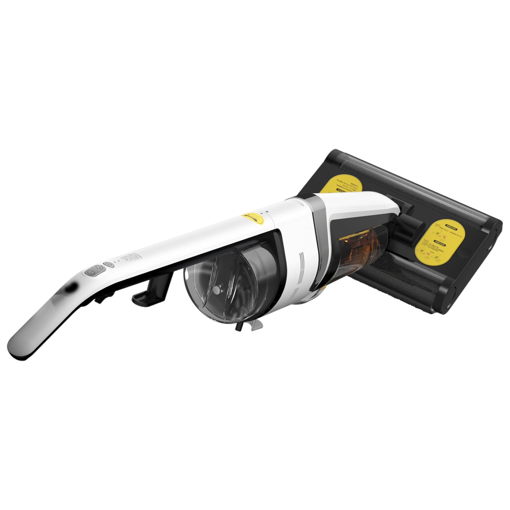 Un aspirapolvere portatile bianco e nero con un contenitore per la polvere trasparente.