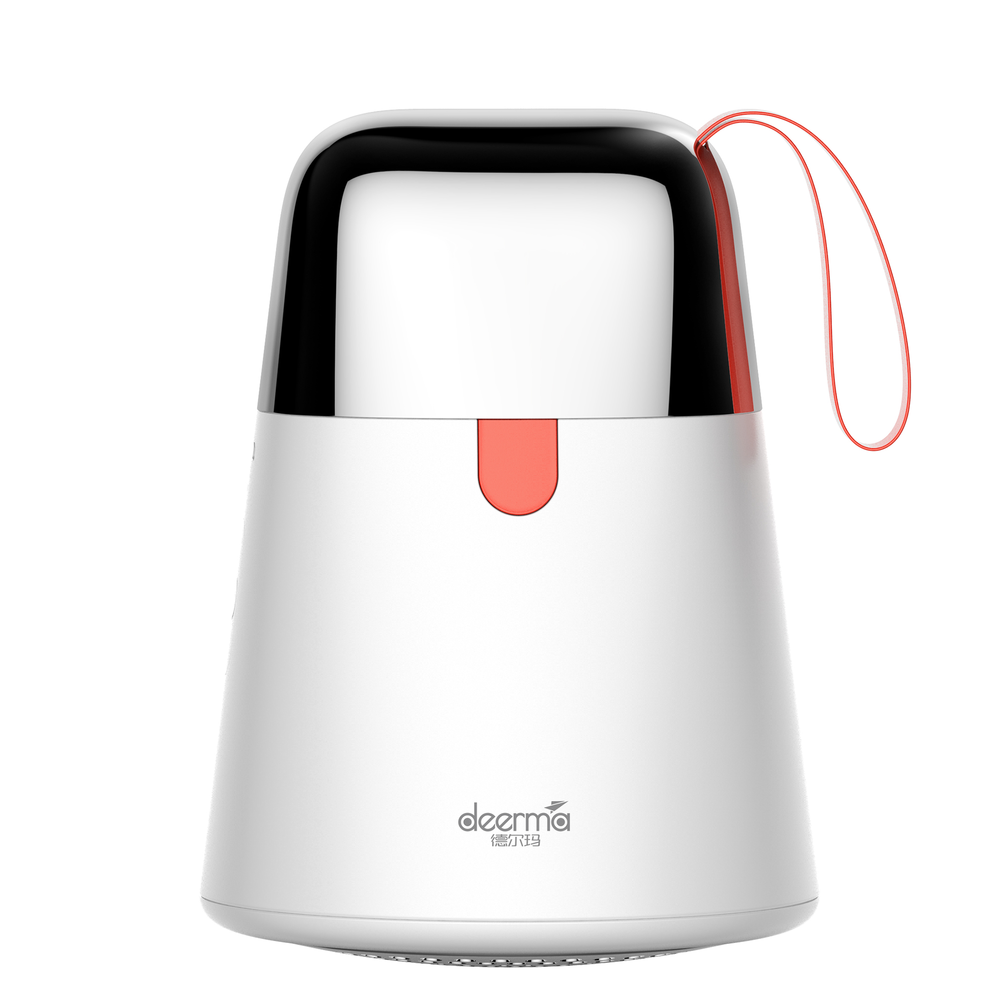 Biały młynek elektryczny z czarną pokrywką i czerwoną smyczą.