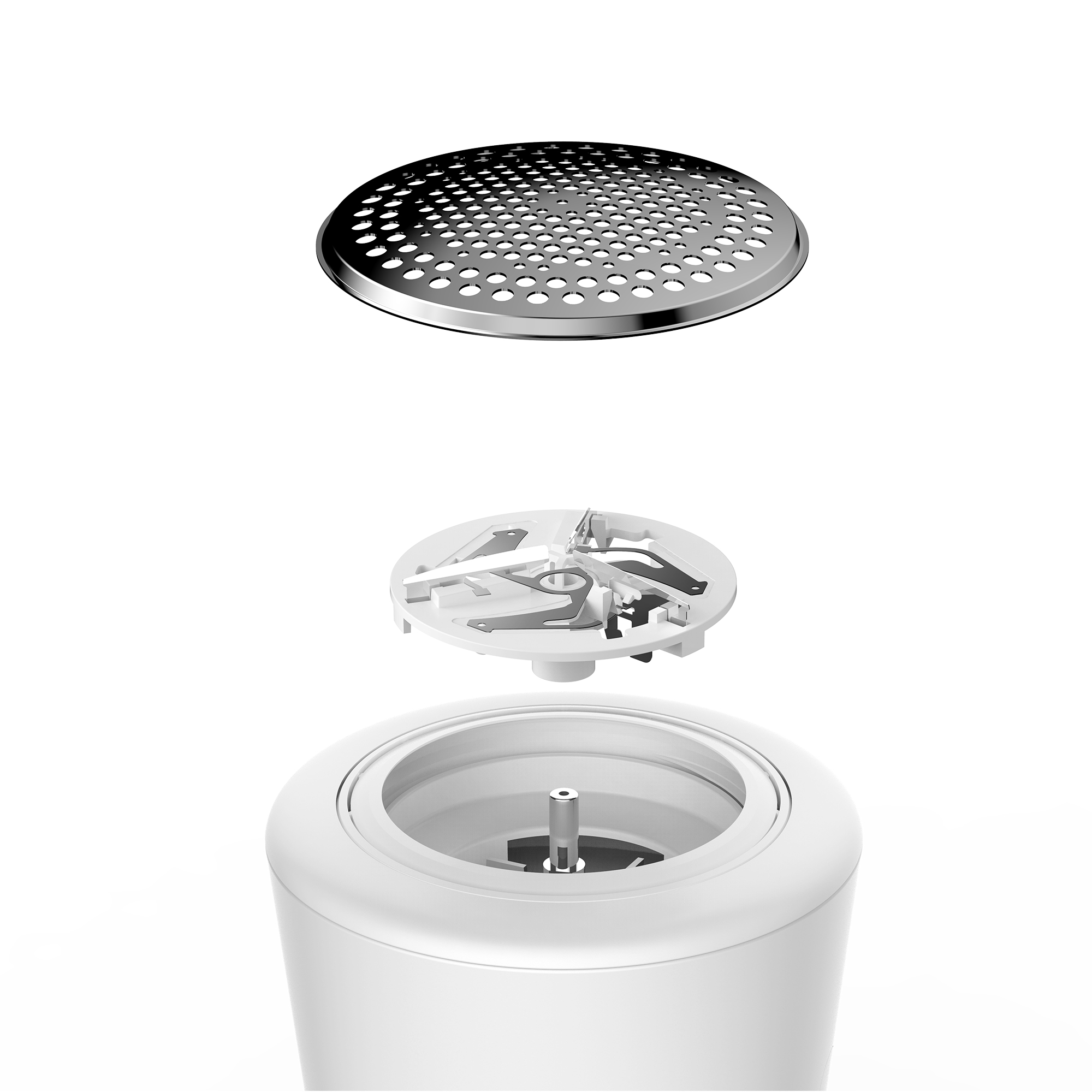 Widok rozstrzelony urządzenia pokazujący metalową kratkę, zespół ostrzy i białą obudowę.