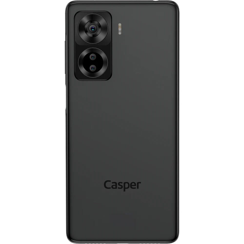 Çift kamera lensli ve flaşlı siyah Casper akıllı telefonun arkası.