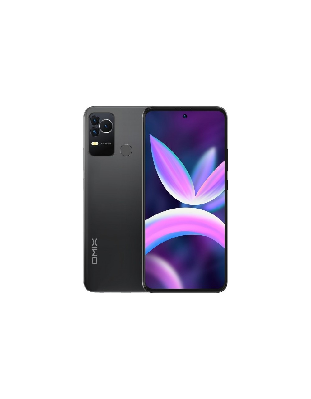 Üç kameralı ve OIX logosu bulunan koyu renkli bir akıllı telefon.