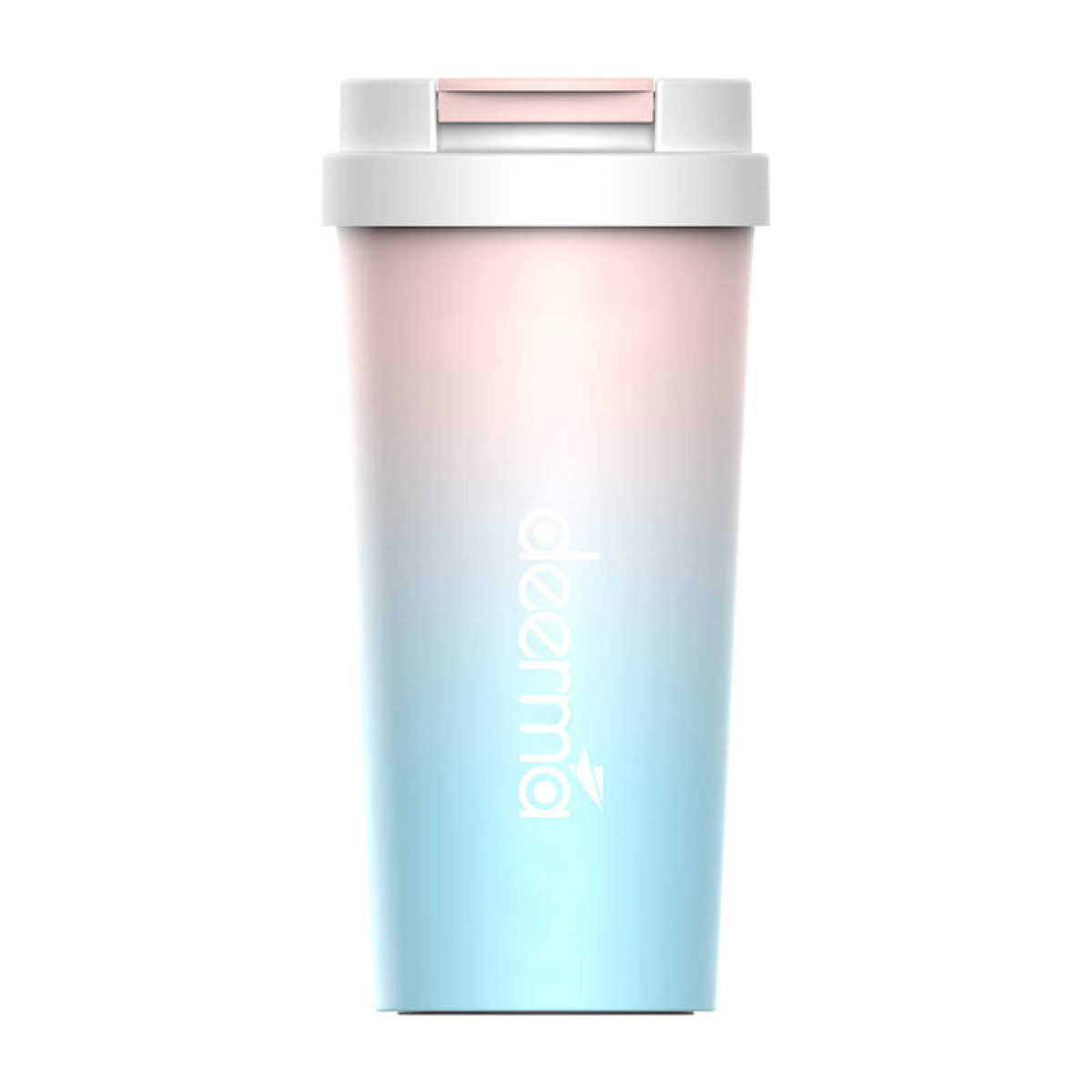 Wysoki kubek z gradientem, białą pokrywką, przechodzący z różowego w niebieski. Logo Deerma.