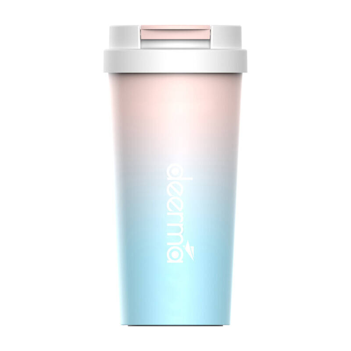 Biały kubek z gradientem od różowego do niebieskiego, z logo z przodu.