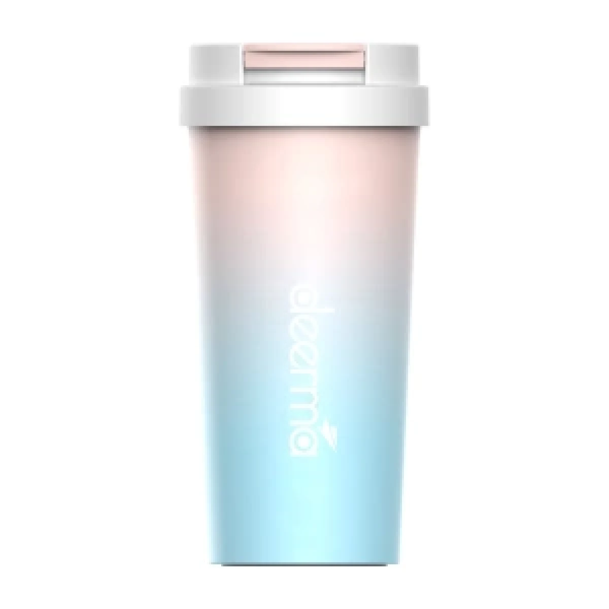 Kubek z gradientem różowo-niebieskim z białym wieczkiem i logo.