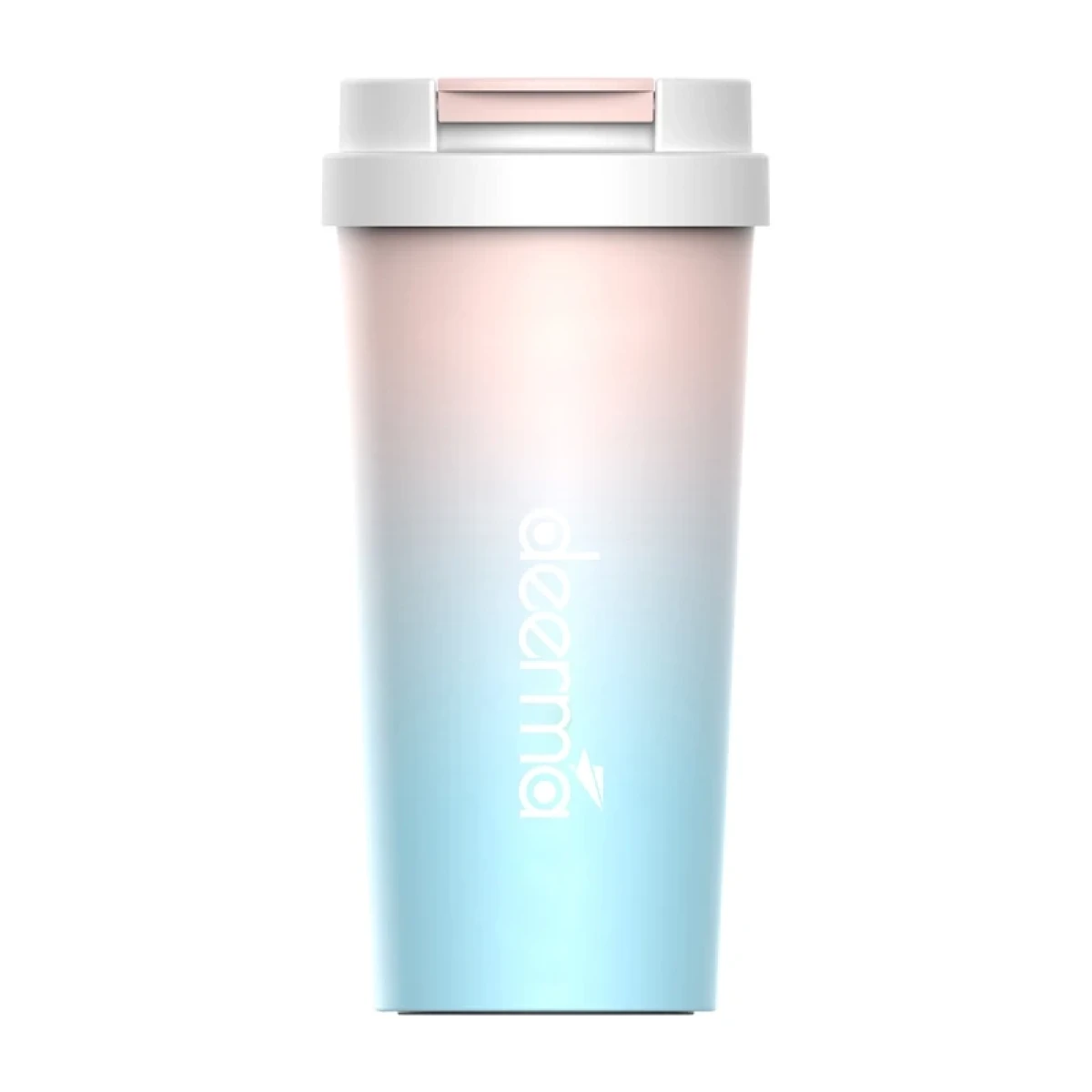 Kubek z gradientem różowo-niebieskim, białym wieczkiem i logo.