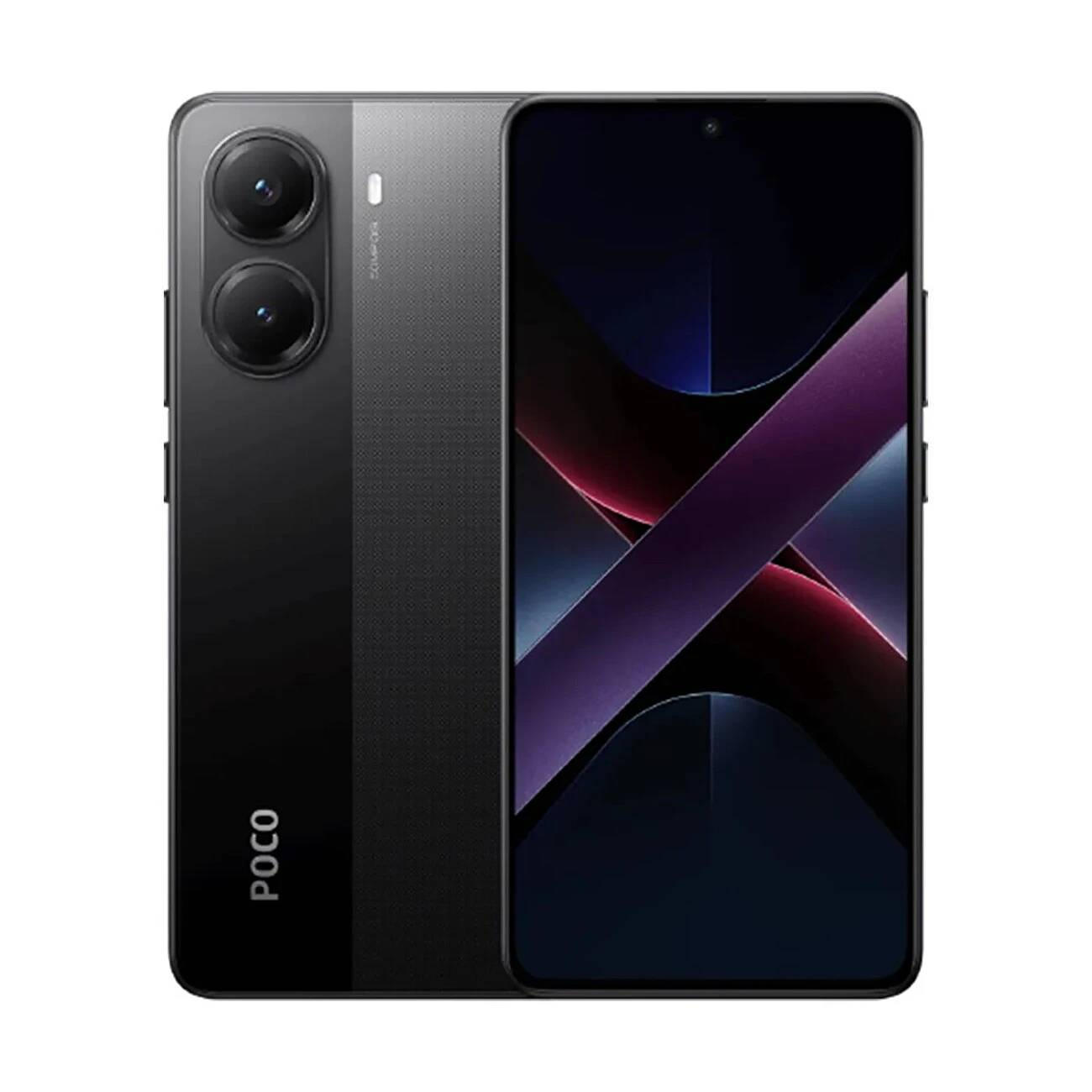 POCO logosu ve çift arka kamerası olan siyah bir akıllı telefon.