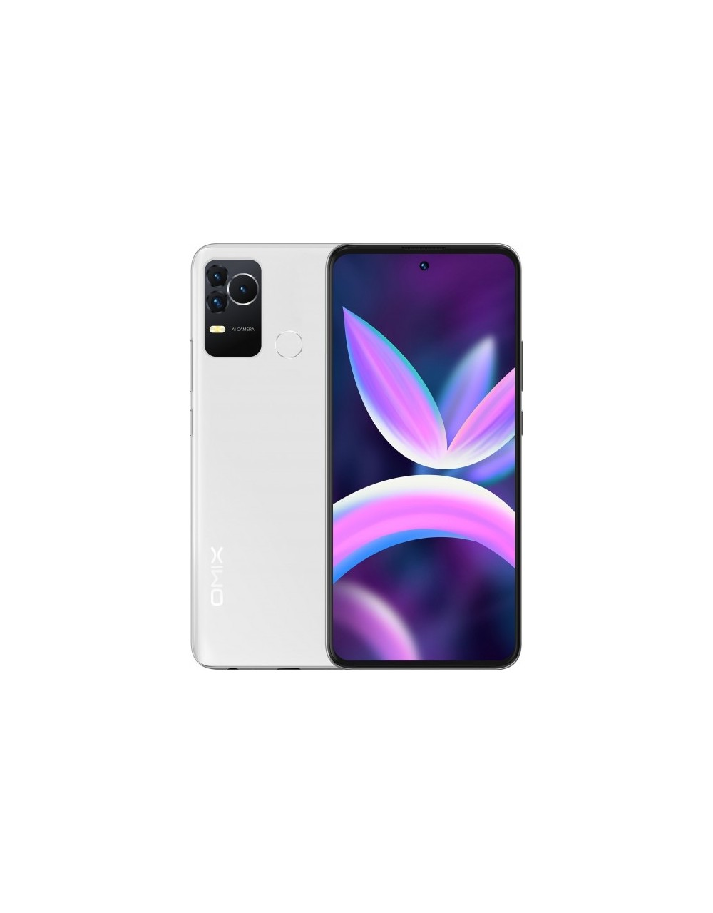 Arkada üç kamerası ve renkli ekranı olan beyaz bir akıllı telefon.