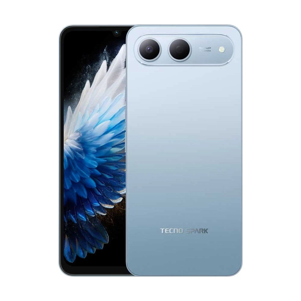 Arkada çift kameraya sahip açık mavi bir Tecno Spark akıllı telefon.