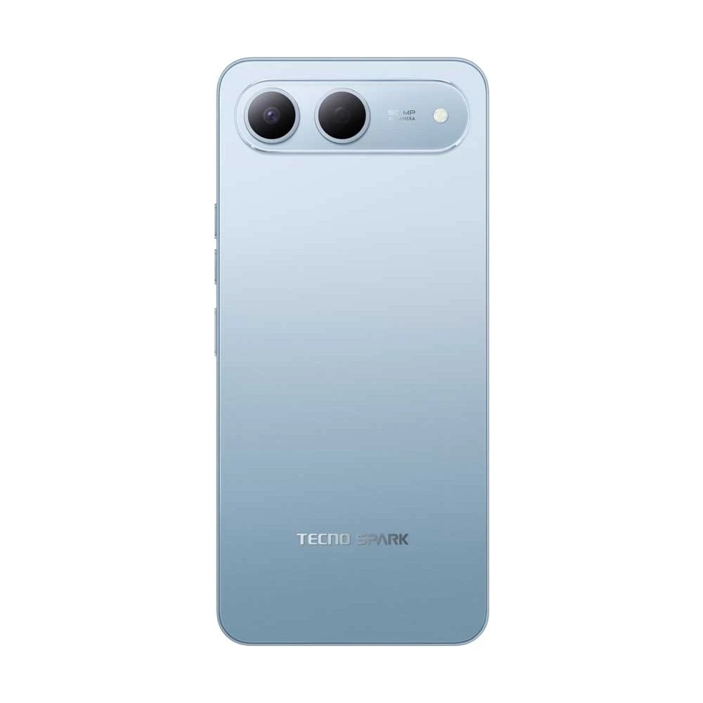İki kameralı, TECNO SPARK logolu açık mavi akıllı telefon.