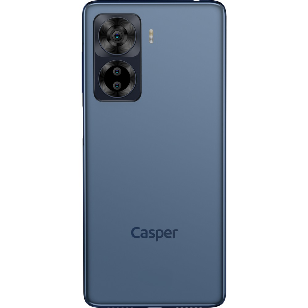 İki kameralı mavi akıllı telefonun arkası ve Casper logosu.