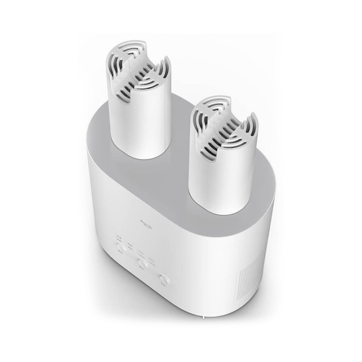 Biała suszarka do butów z dwoma cylindrycznymi otworami wentylacyjnymi na górze, na białym tle.