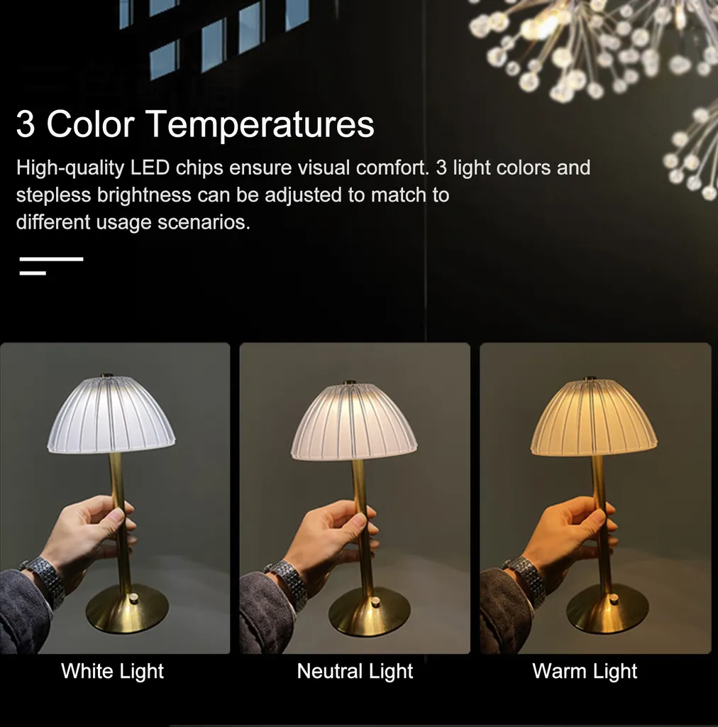 Tischlampe mit drei Lichtfarben: weiß, neutral und warm. Goldener Sockel.