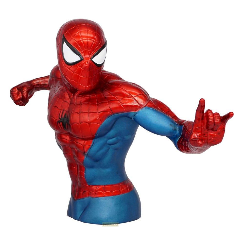 Eine rote und blaue Spiderman-Büste mit erhobenen Armen in Pose.