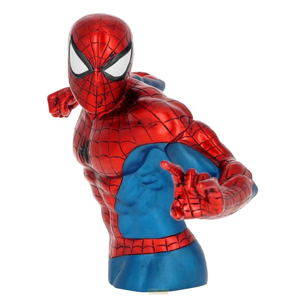 Eine rote und blaue Spiderman-Büste mit weißen Augen und Netzmuster.