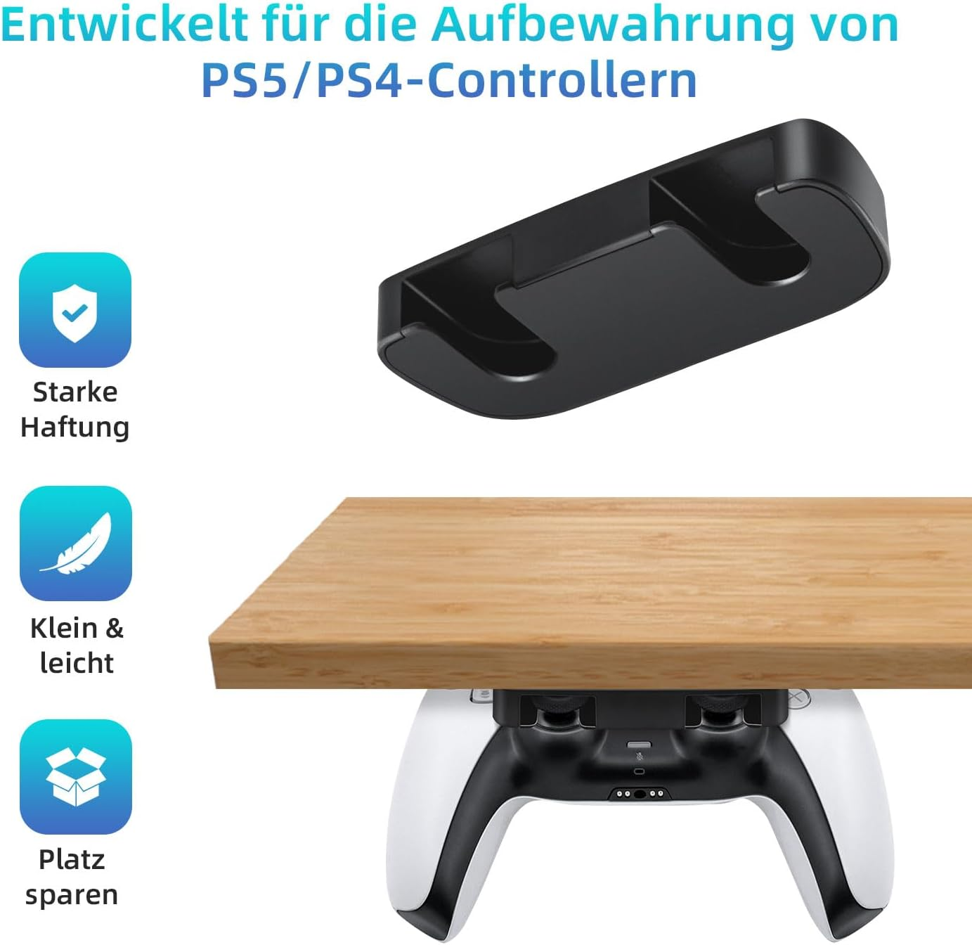Schwarzer Controller-Halter unter einem Holzregal, für PS5/PS4-Controller.
