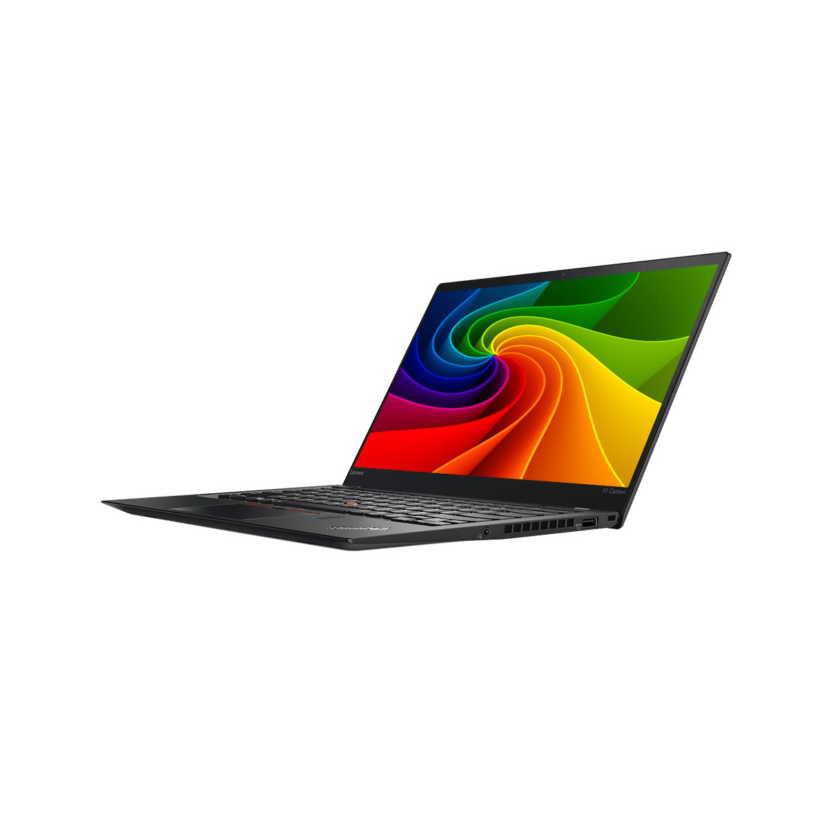 Ein schwarzer Lenovo X1 Carbon Laptop ist geöffnet und zeigt eine bunte Spiralgrafik auf dem Bildschirm.
