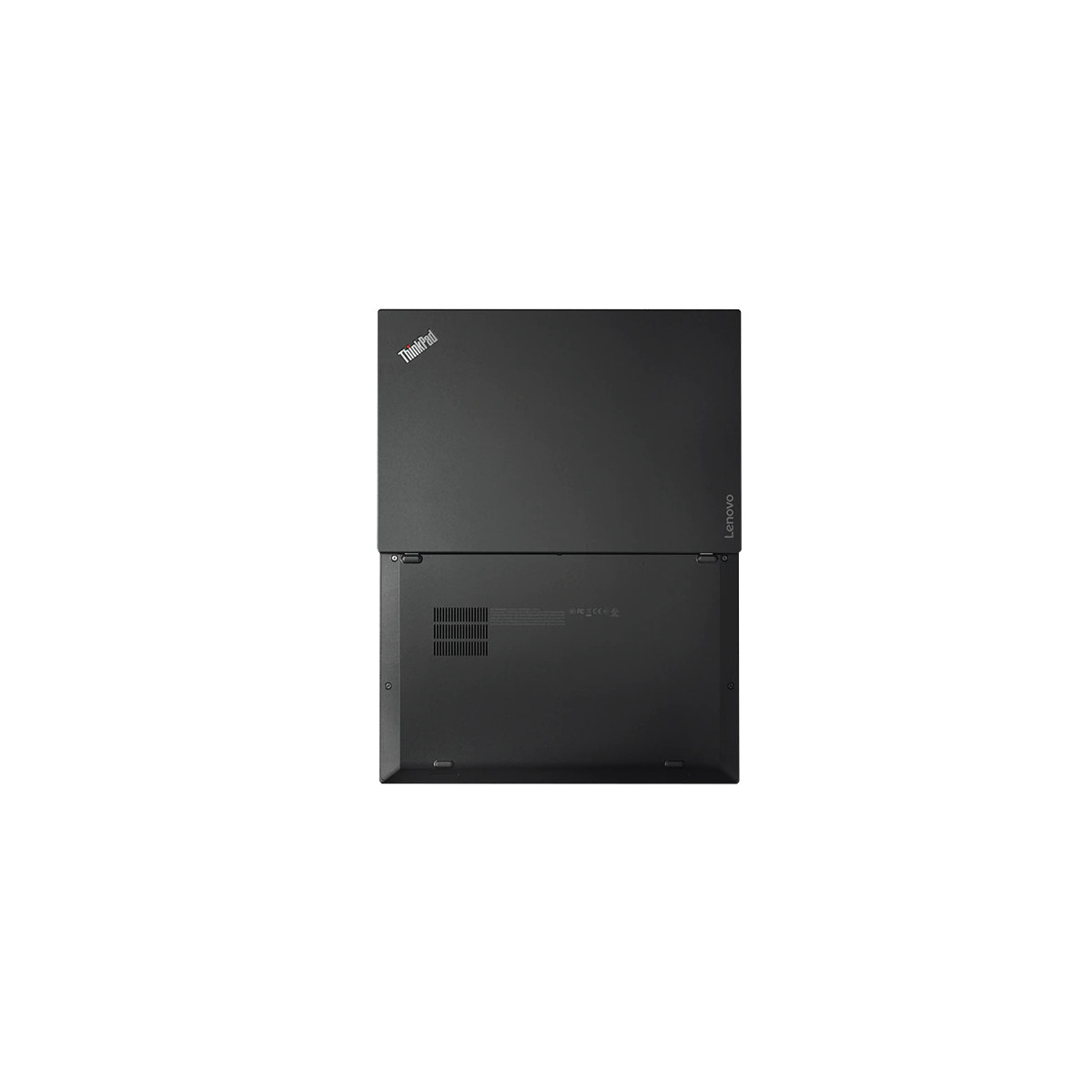 Schwarzer Lenovo ThinkPad Laptop, Ober- und Unterseite sichtbar.