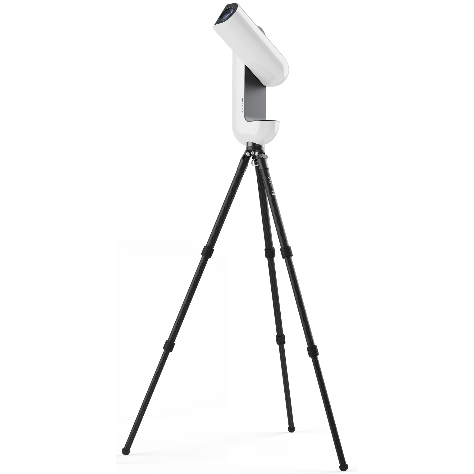 Ein weißes Teleskop mit einer Kamera steht auf einem schwarzen Stativ.