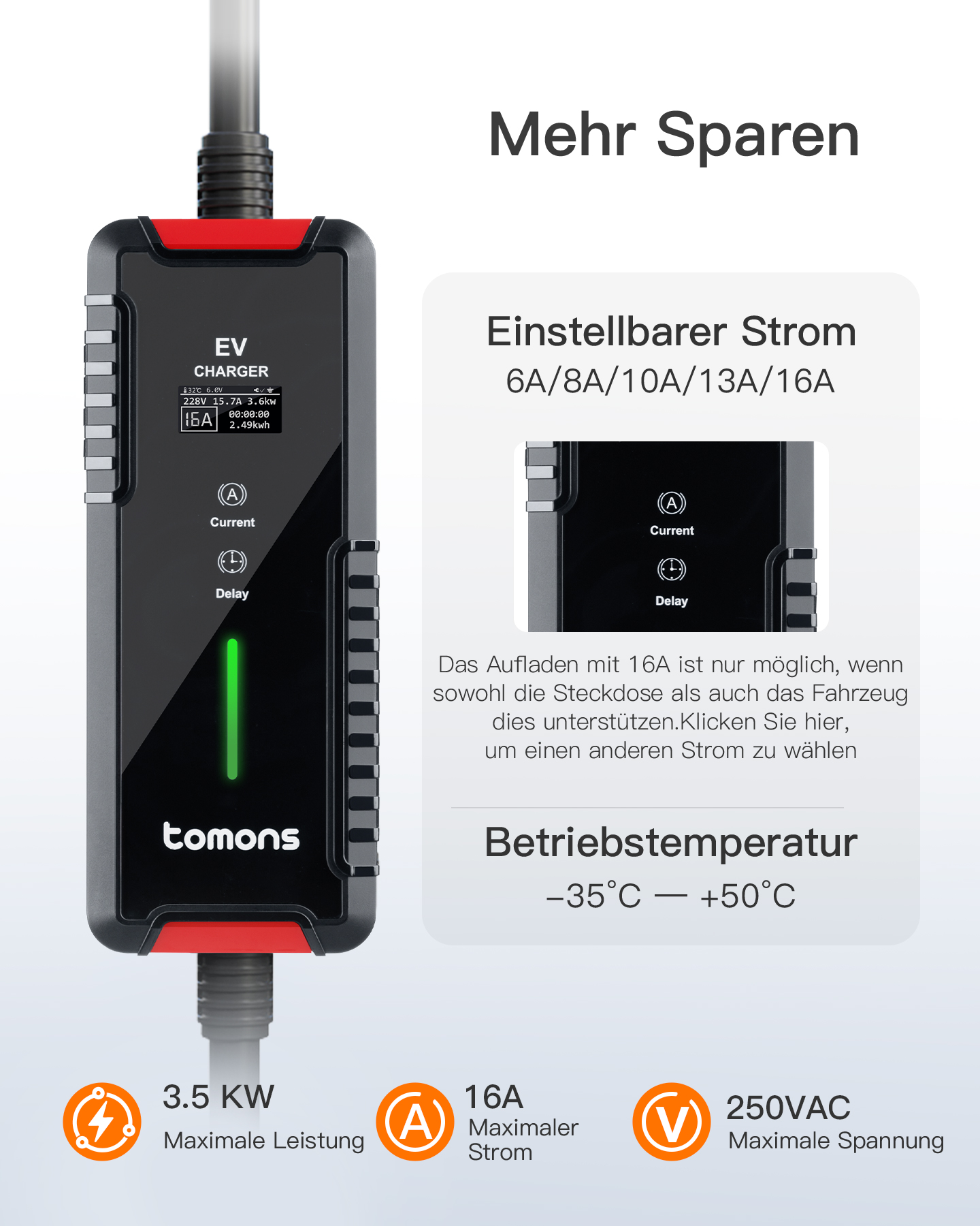 Ein Tomons EV Charger mit einstellbarem Strom (6-16A) und LED-Anzeige.