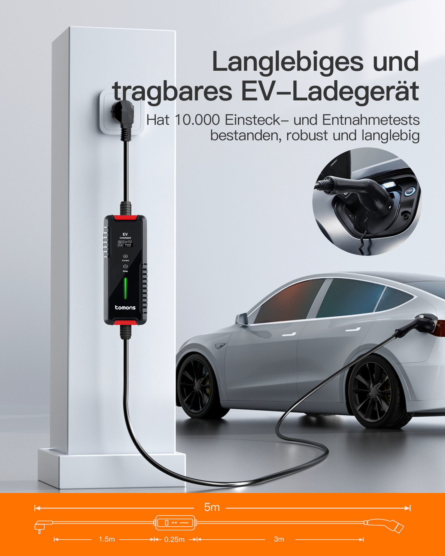 Ein tragbares EV-Ladegerät wird in eine Steckdose gesteckt und lädt ein Auto.
