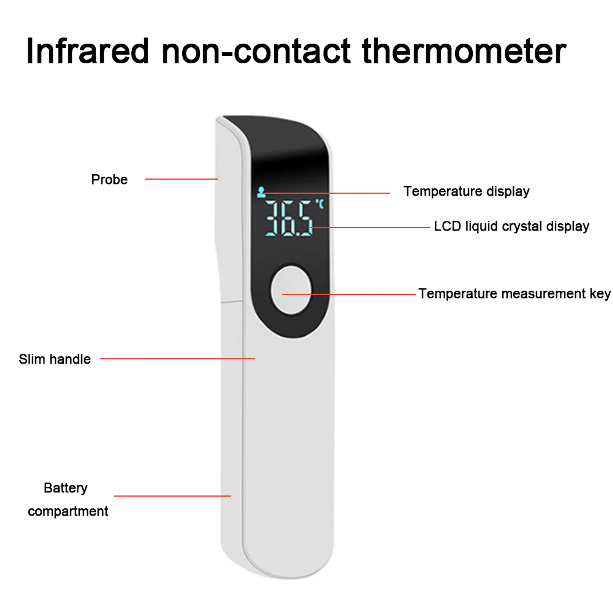 Weißes Infrarot-Thermometer mit Anzeige 36,5°C, Sonde, Messtaste.