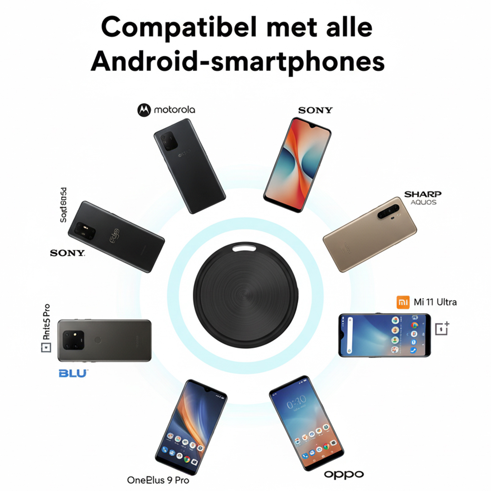Zentrale schwarze Scheibe, umgeben von verschiedenen Android-Smartphones.