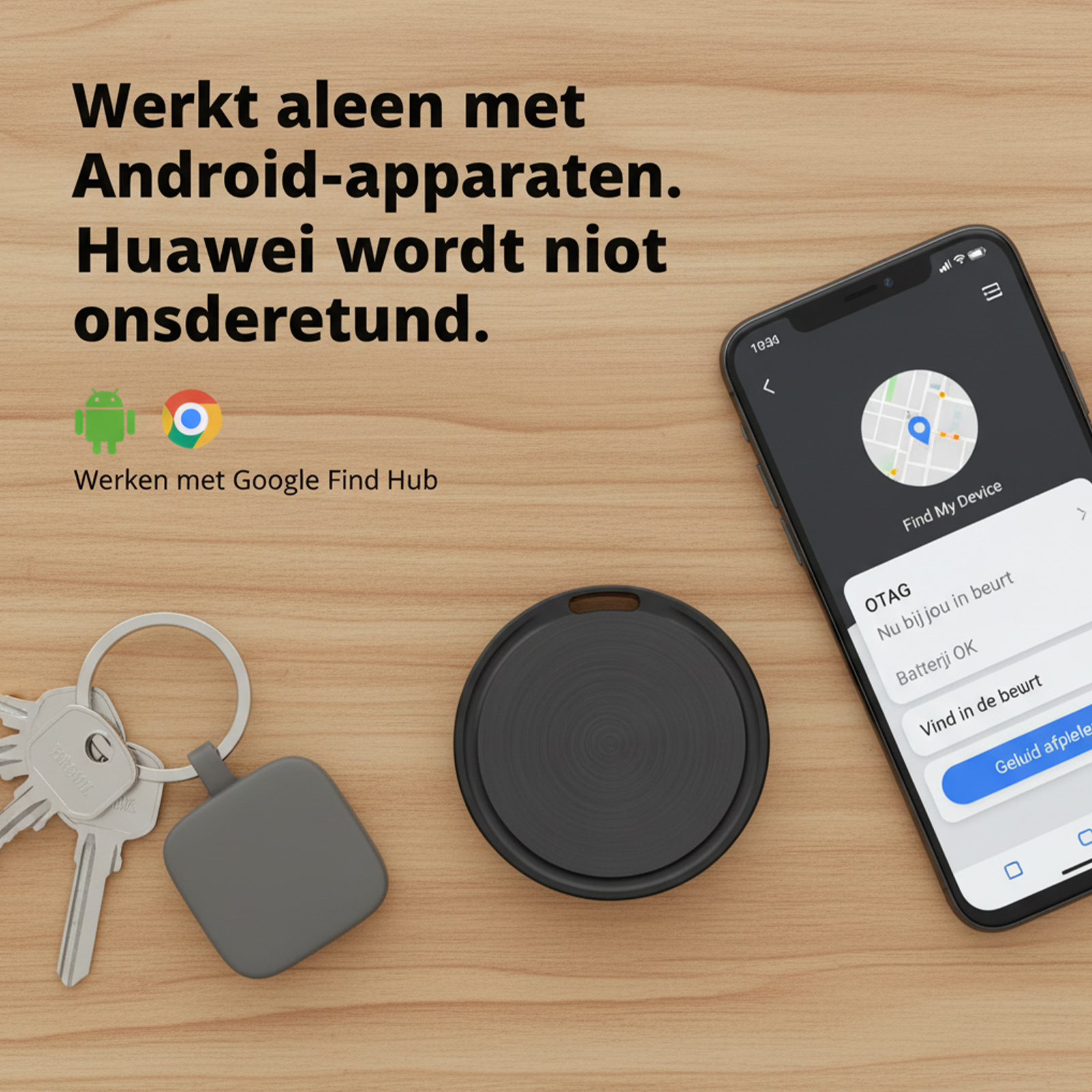 Schwarzer Tracker, Schlüssel und ein Smartphone mit Karte auf dem Bildschirm.