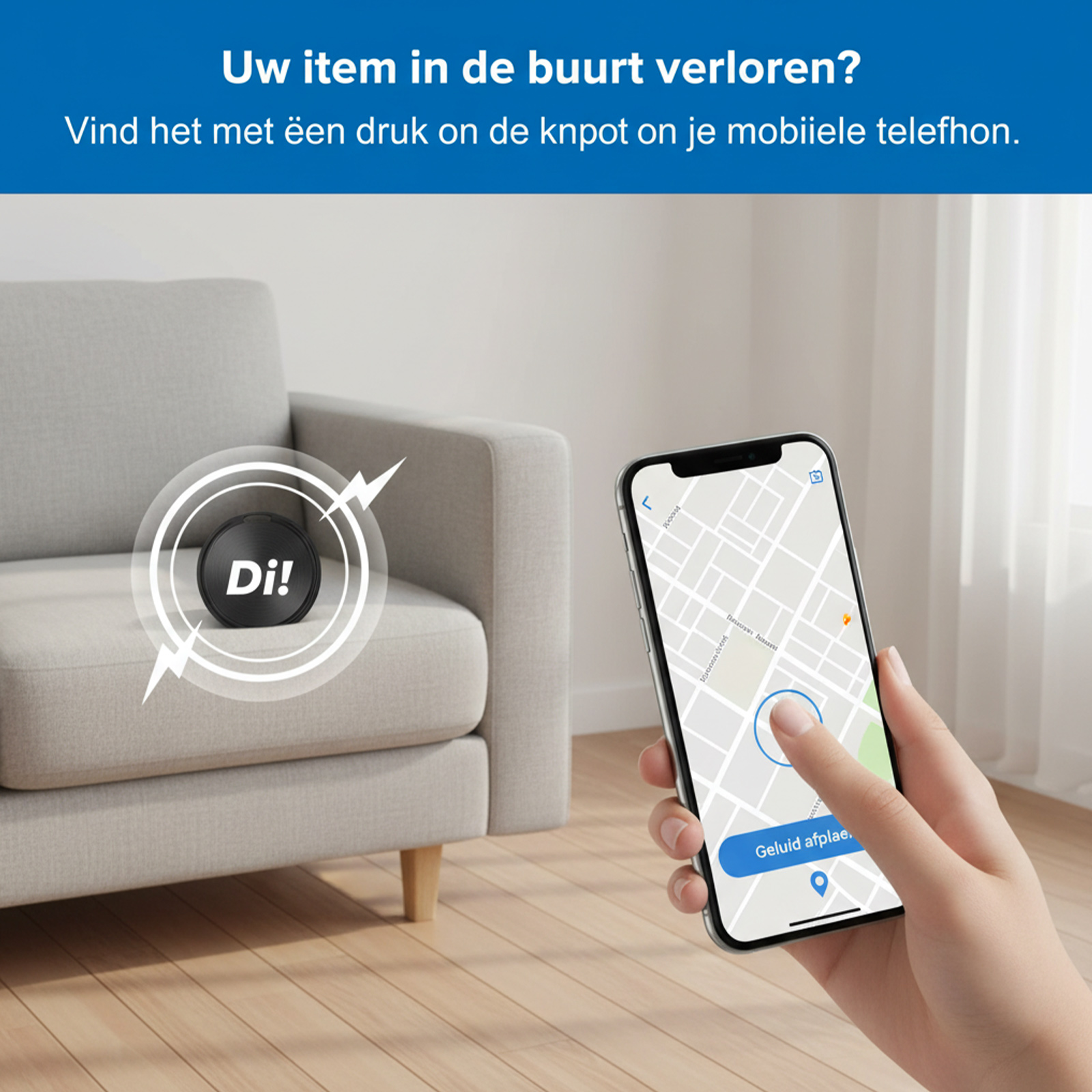 Ein schwarzer Tracker mit „Di!“ auf einem Sofa. Ein Handy zeigt eine Karte an.