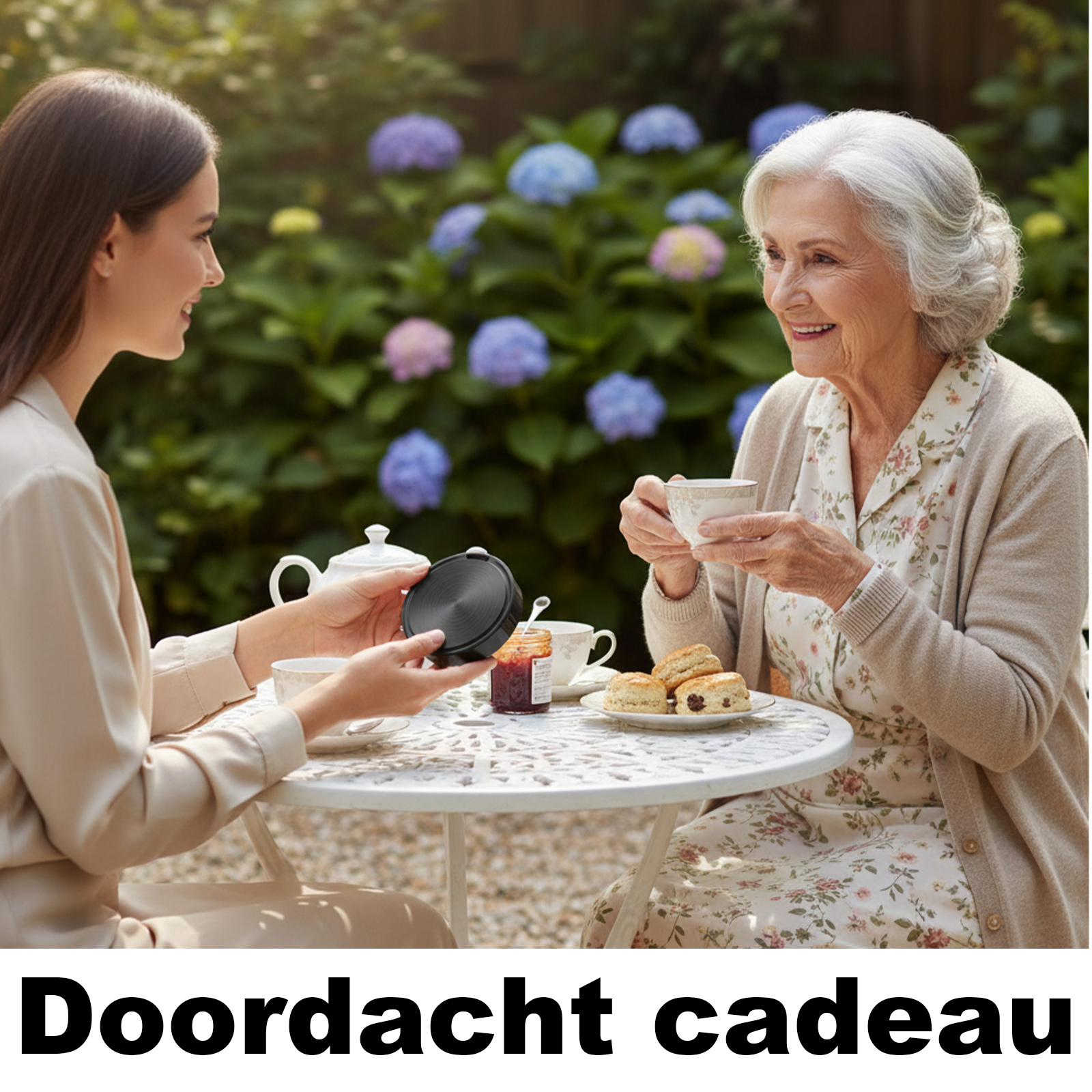 Zwei Frauen genießen Tee und Scones im Garten mit Hortensien.