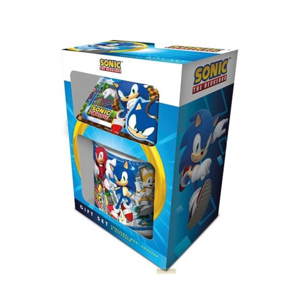 Sonic the Hedgehog Geschenkset mit Becher und Untersetzer, blaue Verpackung.