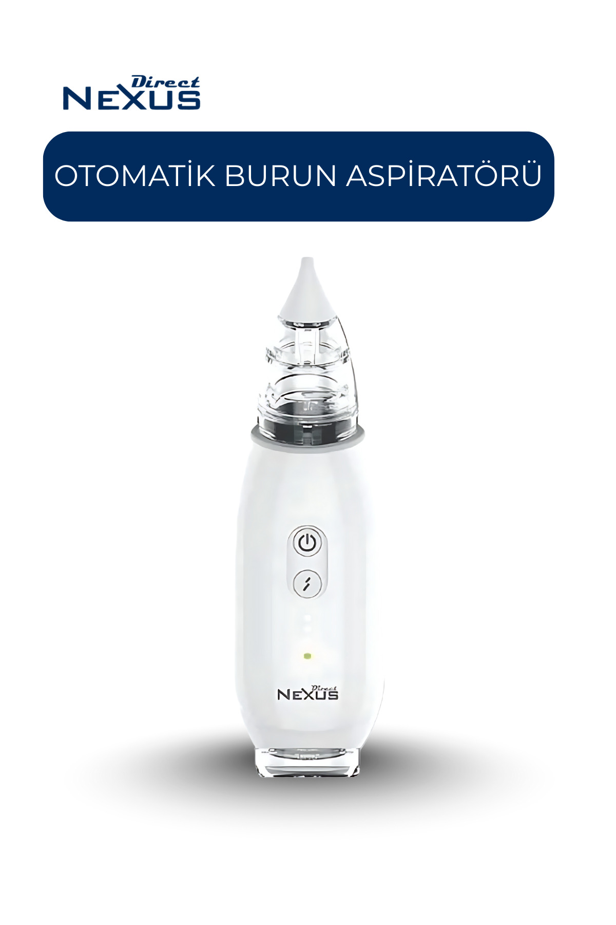 Şeffaf uçlu ve kontrol düğmeli beyaz burun aspiratörü.