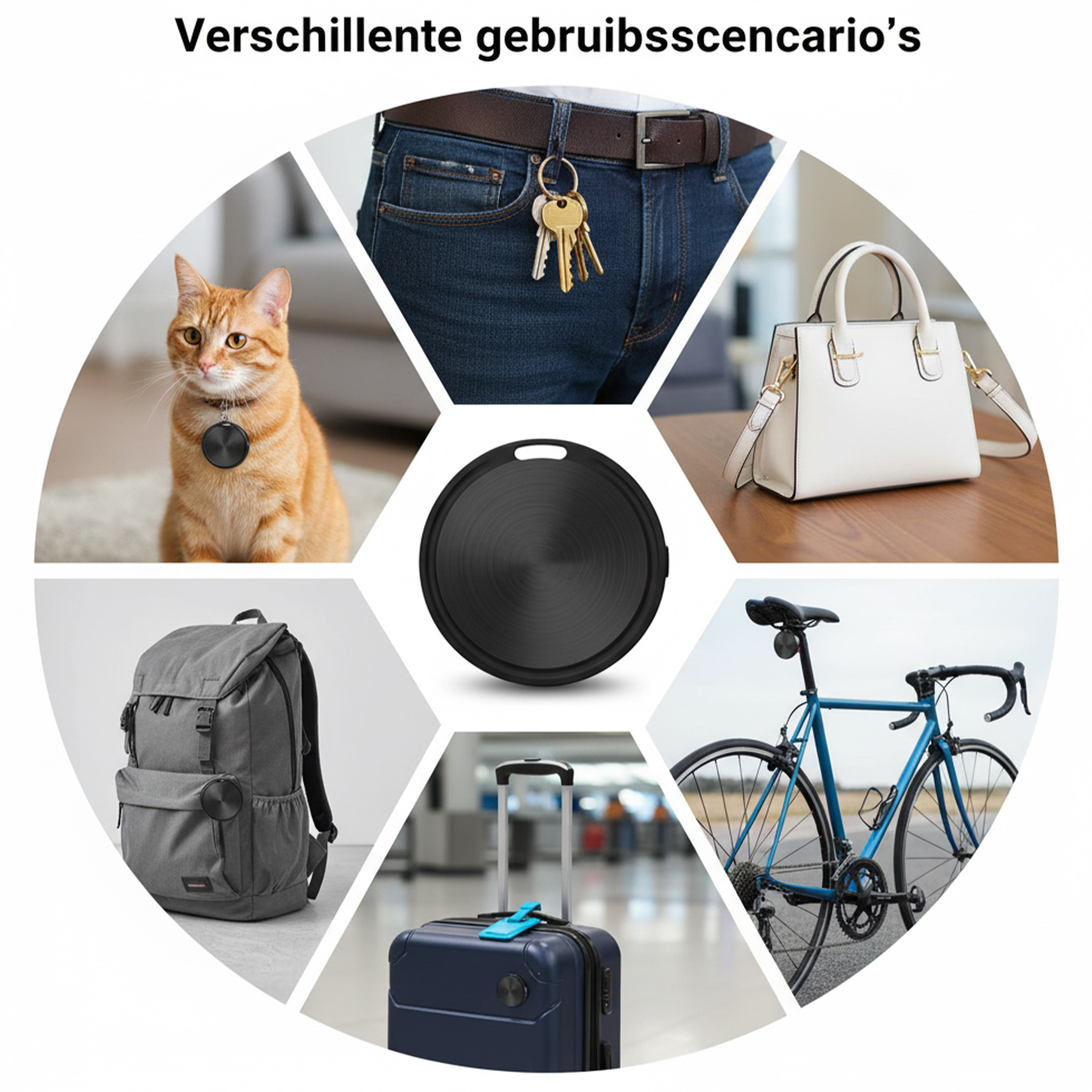 Katze, Schlüssel, Handtasche, Tracker, Rucksack, Koffer, Fahrrad.