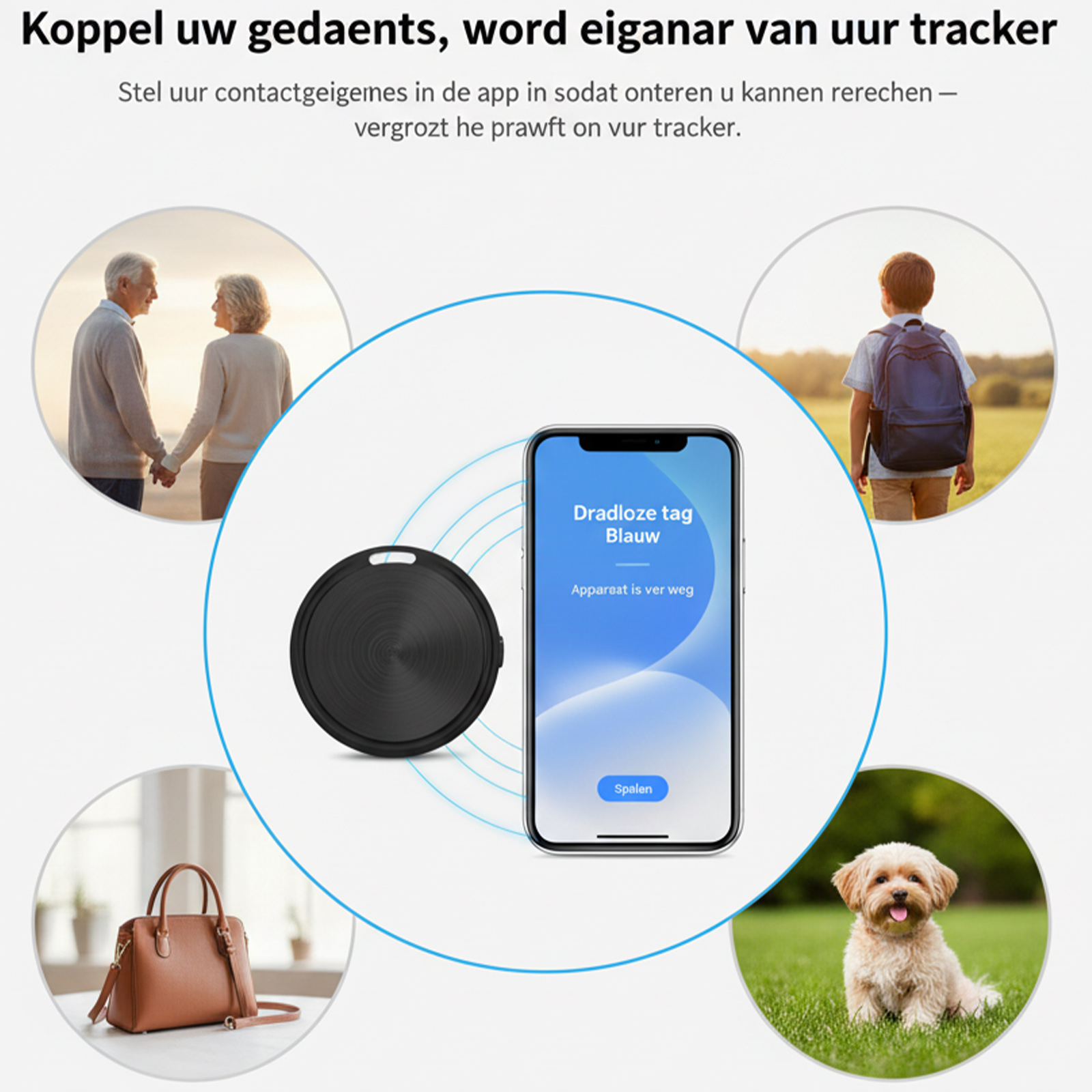 Älteres Paar hält Händchen, Junge mit Rucksack, Tasche, Hund, Handy mit Tracker-App.