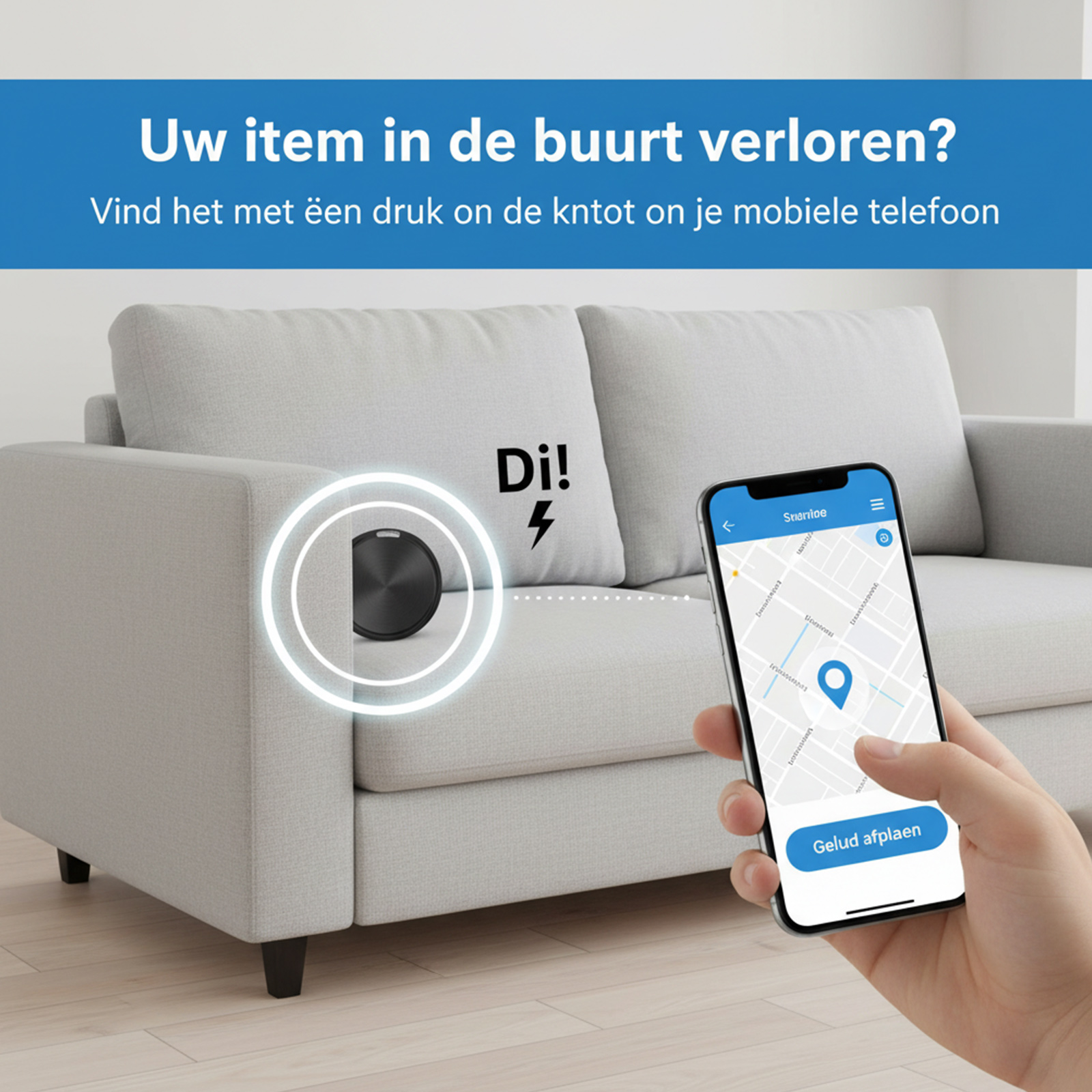 Ein schwarzer Saugroboter liegt auf einem Sofa. Eine Hand hält ein Handy mit einer Karte.
